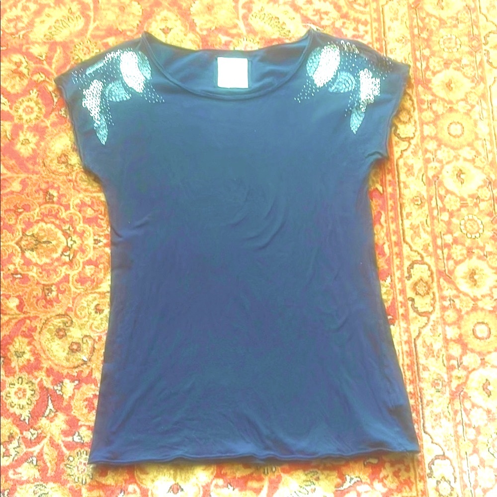 Heritage 1981 black cotton short sleeve Tee with sequin and bead detail.
